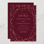 ブルゴーニュバラ金ゴールドグリッター幾何結婚の 招待状 (正面/裏面)