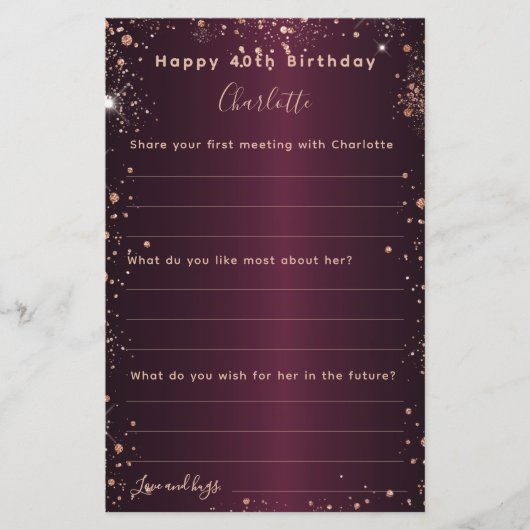 ブルゴーニュバラ金ゴールドスパークル誕生日ウィッシュカード (正面)