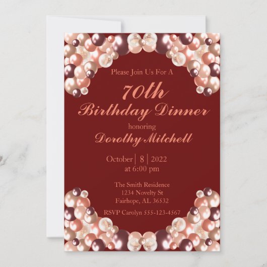 ブルゴーニュバラ金ゴールドバルーン70誕生日 招待状 (正面)