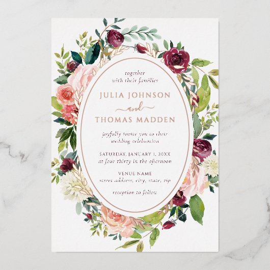 ブルゴーニュバラ金ゴールドフローラ結婚の葉 箔招待状 (正面)