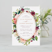 ブルゴーニュバラ金ゴールドフローラ結婚の葉 箔招待状 (立ち正面)