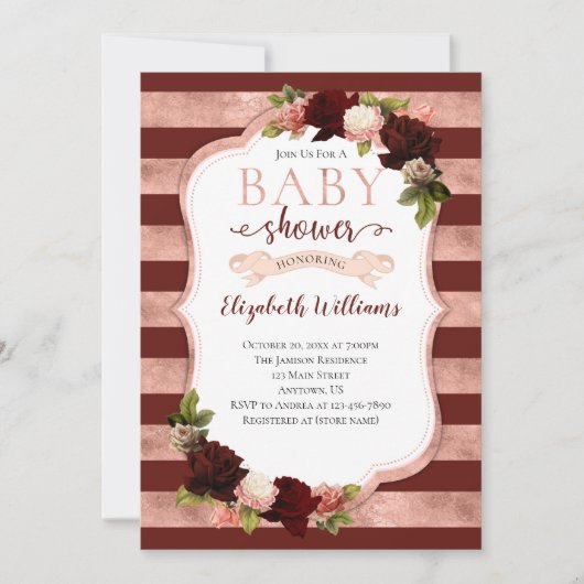 ブルゴーニュバラ金ゴールドマルサラベビーシャワー招待状 招待状 (正面)