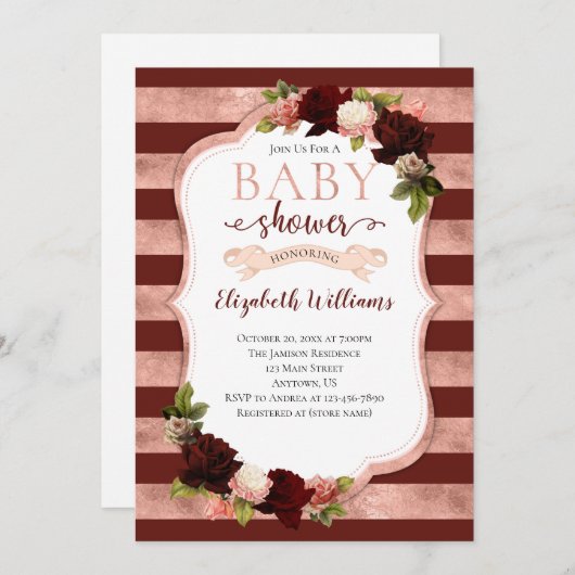 ブルゴーニュバラ金ゴールドマルサラベビーシャワー招待状 招待状 (正面/裏面)