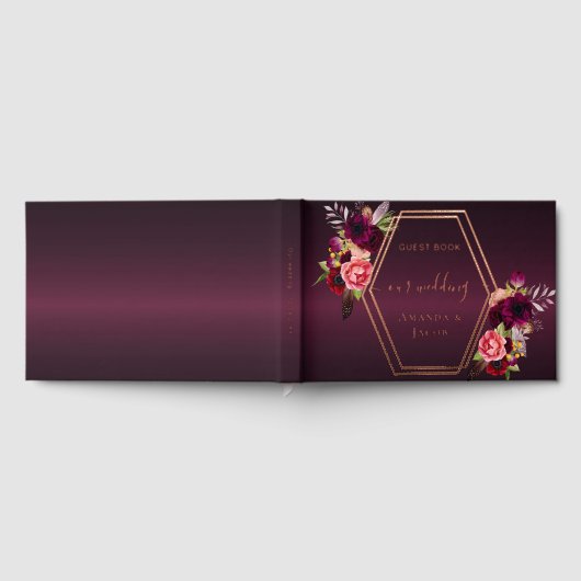 ブルゴーニュバラ金ゴールド幾何学的ピンク花模様結婚ズ ゲストブック (全面)