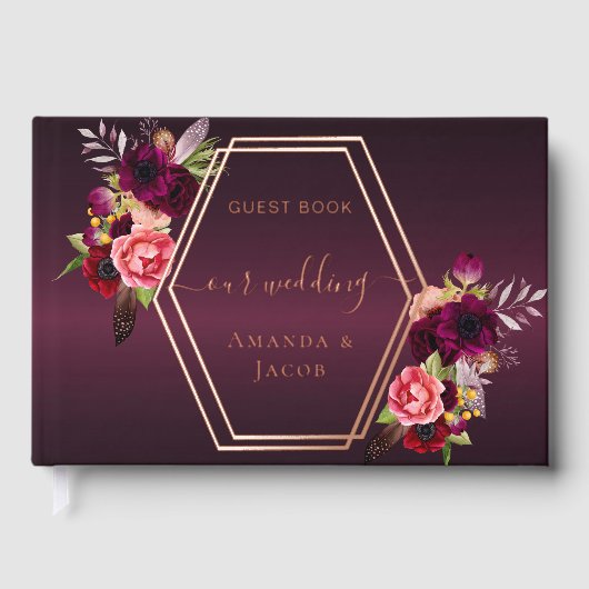 ブルゴーニュバラ金ゴールド幾何学的ピンク花模様結婚ズ ゲストブック (正面)