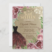 ブルゴーニュバラ、ドレス、ライト、レース甘い16パーティー 招待状 (正面)