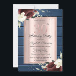 ブルゴーニュバラ，ブルーウッドバラ金ゴールド30th Birthday 招待状<br><div class="desc">バラ金ゴールドのブルゴーニュバラ、ネイビーブルーの木の質感の背景。</div>