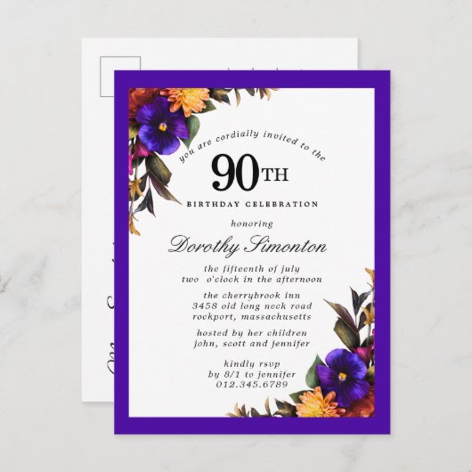 ブルゴーニュパープルイエロー90誕生日はがき インビテーションポストカード (正面/裏面)