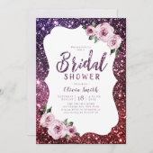 ブルゴーニュパープルグリッターフローラブライダルシャワー 招待状 (正面/裏面)