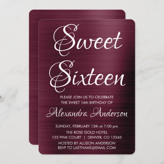ブルゴーニュパープルSweet sixteen誕生会 招待状 (正面/裏面)