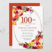 ブルゴーニュピンクオレンジイエローフローラ100誕生日 招待状 (正面/裏面)