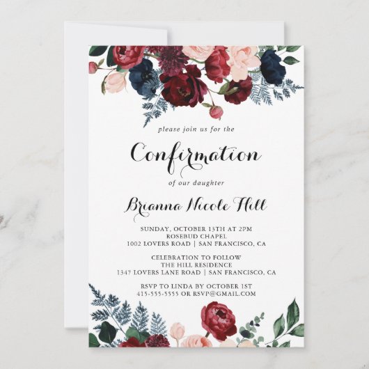 ブルゴーニュピンクネイビーフローラ確認 招待状 (正面)