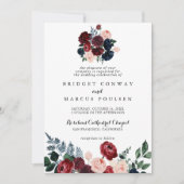 ブルゴーニュピンクネイビー伝統的フローラ結婚ズ 招待状 (正面)