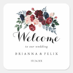 ブルゴーニュピンクネイビー結婚フローラの歓迎 スクエアシール