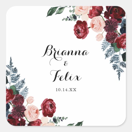 ブルゴーニュピンクネイビー結婚フローラ封筒用シール スクエアシール (正面)