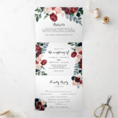 ブルゴーニュピンクネイビー結婚フローラ 三つ折り招待状 (内部)