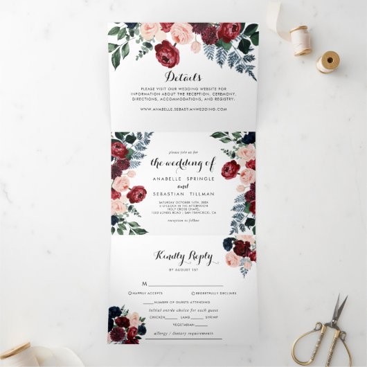 ブルゴーニュピンクネイビー結婚フローラ 三つ折り招待状 (内部)