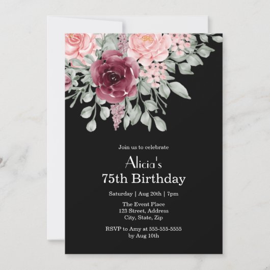 ブルゴーニュピンクローズエレガントフローラ75誕生日 招待状 (正面)