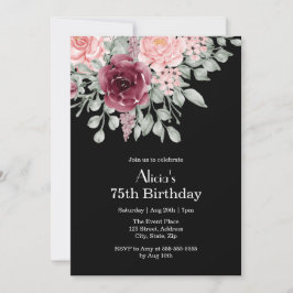 ブルゴーニュピンクローズエレガントフローラ75誕生日 招待状