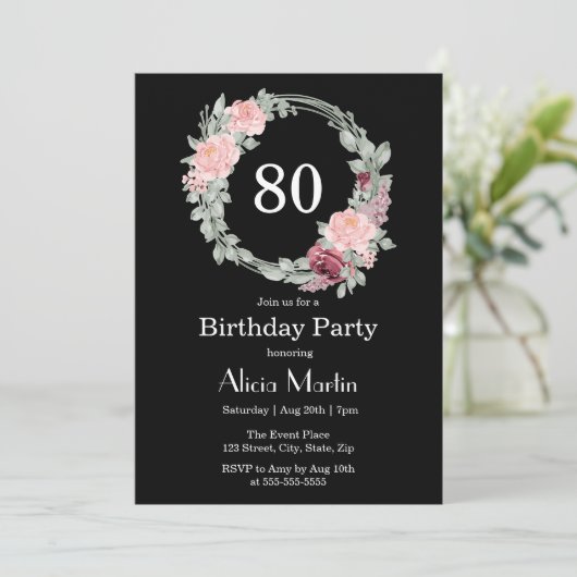 ブルゴーニュピンクローズエレガントフローラ80誕生日 招待状 (スタンド正面)