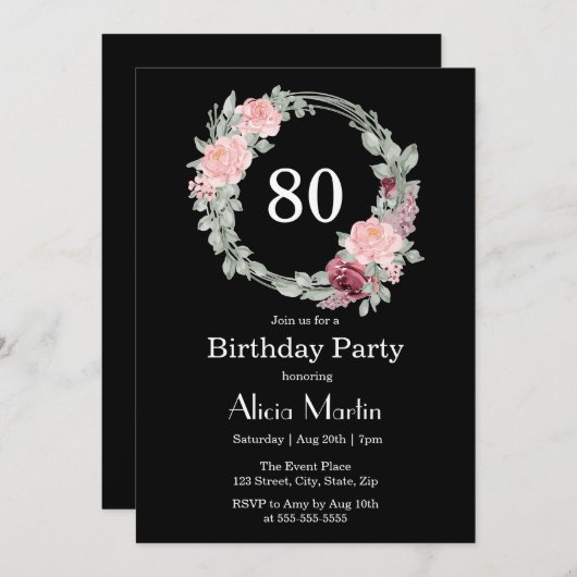 ブルゴーニュピンクローズエレガントフローラ80誕生日 招待状 (正面/裏面)