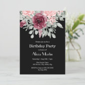 ブルゴーニュピンクローズフローラブラック誕生日パーティー 招待状 (スタンド正面)