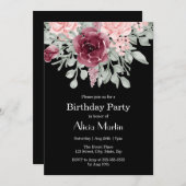 ブルゴーニュピンクローズフローラブラック誕生日パーティー 招待状 (正面/裏面)