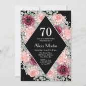 ブルゴーニュピンクローズフローラブラック70誕生日 招待状 (正面)