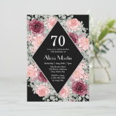 ブルゴーニュピンクローズフローラブラック70誕生日 招待状 (スタンド正面)