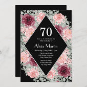 ブルゴーニュピンクローズフローラブラック70誕生日 招待状 (正面/裏面)