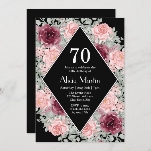 ブルゴーニュピンクローズフローラブラック70誕生日 招待状 (正面/裏面)