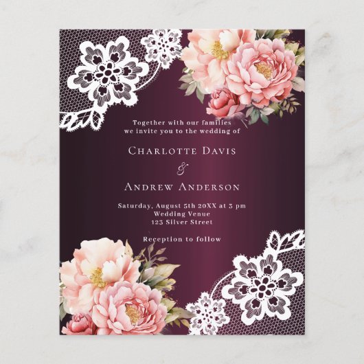 ブルゴーニュピンクローズフローラレース結婚式招待状 (正面)