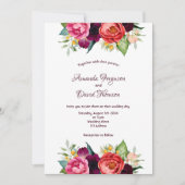 ブルゴーニュピンク花模様秋白結婚色 招待状 (正面)