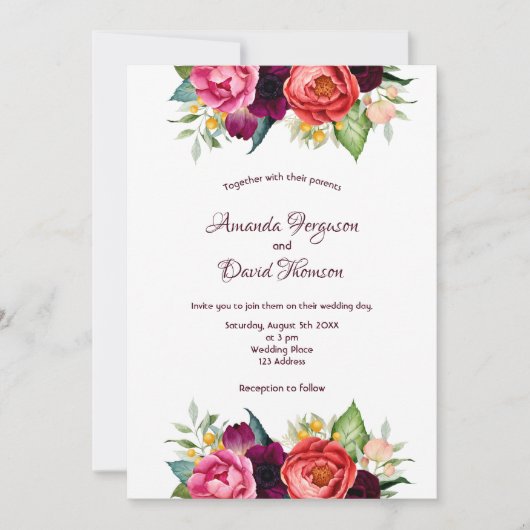 ブルゴーニュピンク花模様秋白結婚色 招待状 (正面)