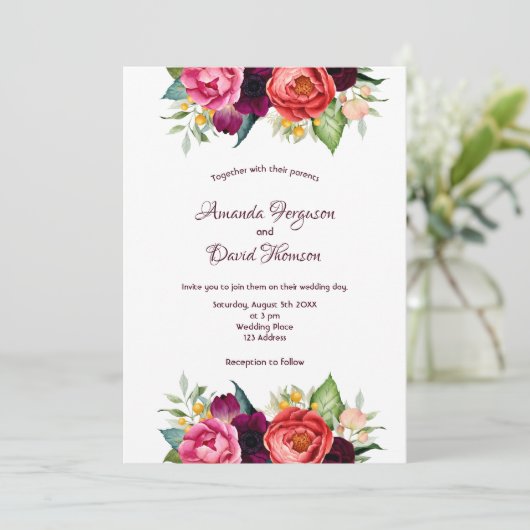 ブルゴーニュピンク花模様秋白結婚色 招待状 (スタンド正面)