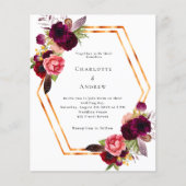 ブルゴーニュピンク花模様金ゴールドジオ結婚式招待状 (正面)