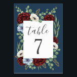 ブルゴーニュピーオンダスティブルーアネモン結婚フローラ テーブルナンバー<br><div class="desc">デザインは銀ドルと種のユーカリで構成された緑のフローラリースを特徴としている。ブルゴーニュの赤いバラの牡丹、ほこりっぽい青とアイボリーのベージュ色または白いアネモネはtouchをエレガント加える。背景はネイビーブルーのシェードで白い文字ボックス。ダークグレーフォントはレイアウトと共モダンに使用され、テーマを補完する。</div>