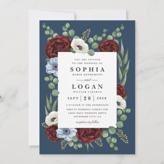 ブルゴーニュピーオンダスティブルーアネモン結婚フローラ 招待状 (正面)