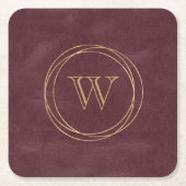 ブルゴーニュフェイクレザー金ゴールドサークルモノグラム スクエアペーパーコースター (正面)