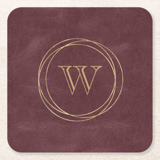 ブルゴーニュフェイクレザー金ゴールドサークルモノグラム スクエアペーパーコースター (正面)