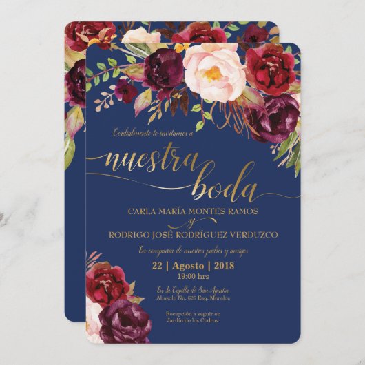 ブルゴーニュフェイク金ゴールドスペインの結婚式招待状 招待状 (正面/裏面)