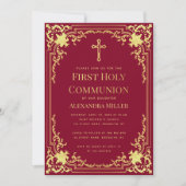ブルゴーニュフェイク金ゴールドヴィンテージガールファースト・コミュニオン 招待状 (正面)