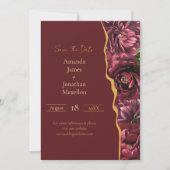 ブルゴーニュフラワーエレガンス、金ゴールドアクセント結婚付き セーブザデート (正面)