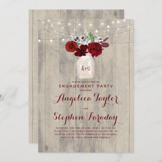 ブルゴーニュフラワーズメイソンジャー素朴婚約パーティ 招待状 (正面/裏面)