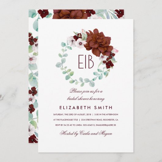 ブルゴーニュフラワーズリースエレガントブライダルシャワー 招待状 (正面/裏面)