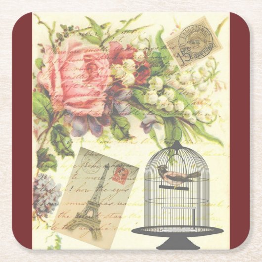 ブルゴーニュフランスのテーマヴィンテージパリコースター スクエアペーパーコースター (正面)