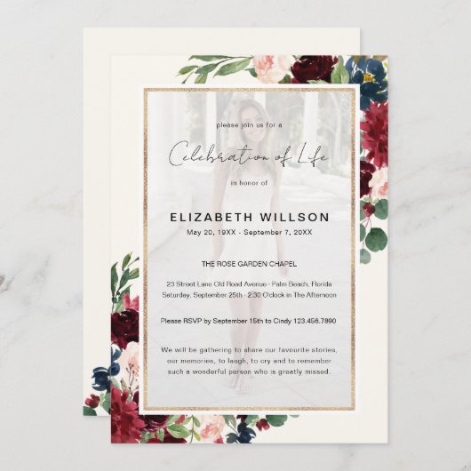 ブルゴーニュフローラお祝いの生活葬儀写真 招待状 (正面/裏面)