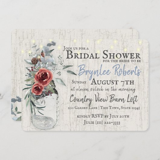 ブルゴーニュフローラとジャー素朴ブライダルシャワー 招待状 (正面/裏面)