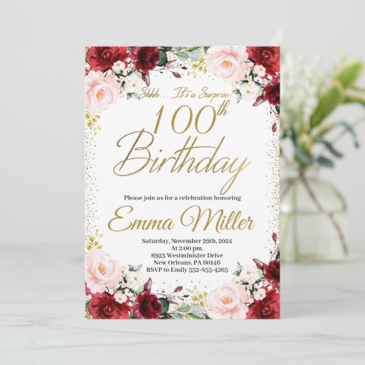 ブルゴーニュフローラと金ゴールドサプライズ100誕生日 招待状 (スタンド正面)