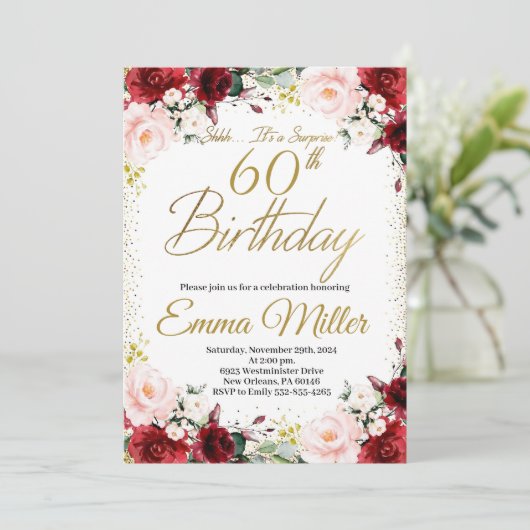 ブルゴーニュフローラと金ゴールドサプライズ60誕生日 招待状 (スタンド正面)